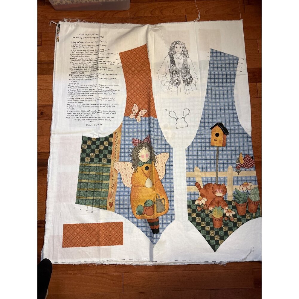 Gardening Angel Vest Sewing Fabric Craft Panel Whimsical Illustration & Detailed